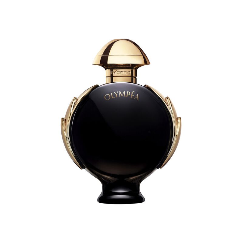 Rabanne Olympéa Parfum bottle in 80ml with elegant gold accents, showcasing the luxurious perfume design.
