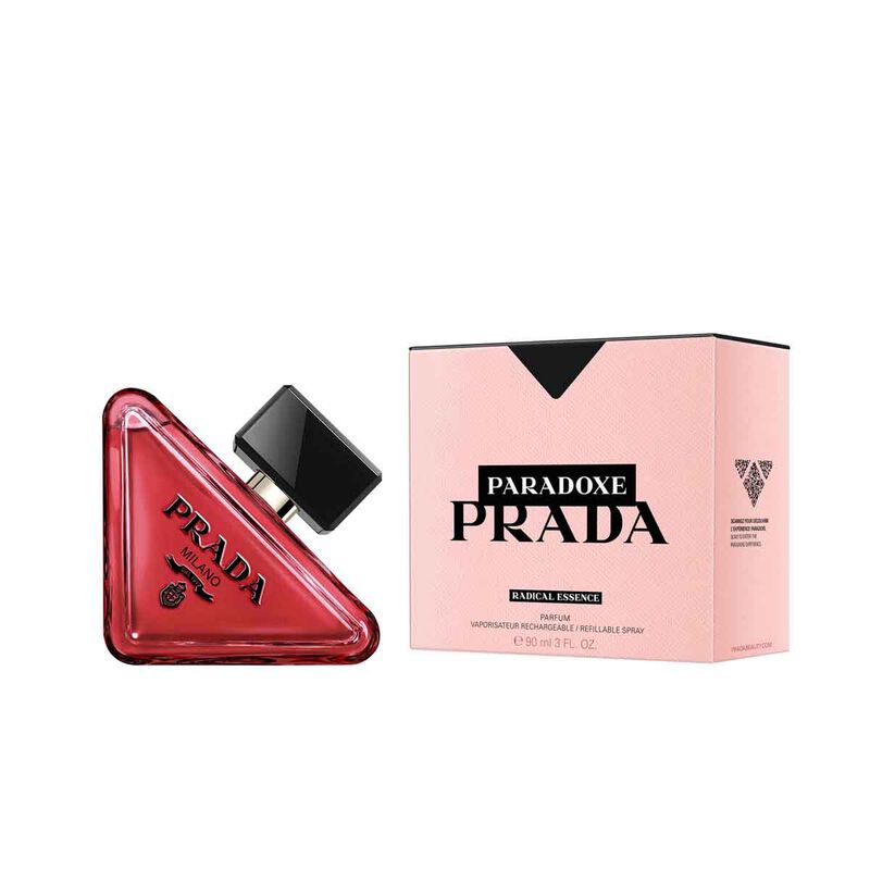 Prada Paradoxe Radical Essence perfume bottle with sleek design, 90ml size, showcasing the luxury fragrance packaging.