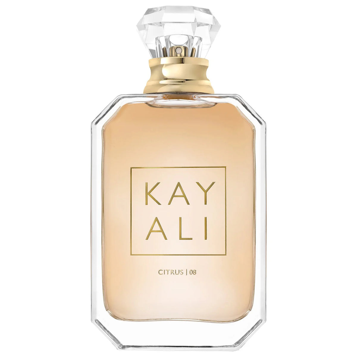 Citrus 08 Kayali fragrance bottle with a clear glass design and orange-colored liquid, 100ml size.