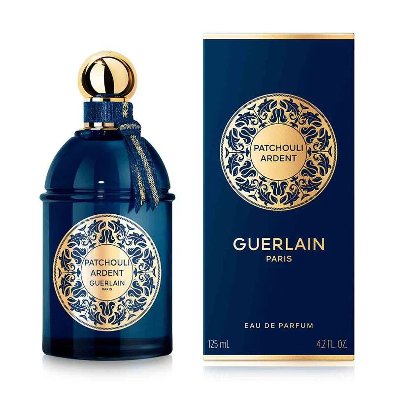 Guerlain Les Absolus d'Orient Patchouli Ardent perfume bottle, 125ml, with elegant packaging and floral design details.