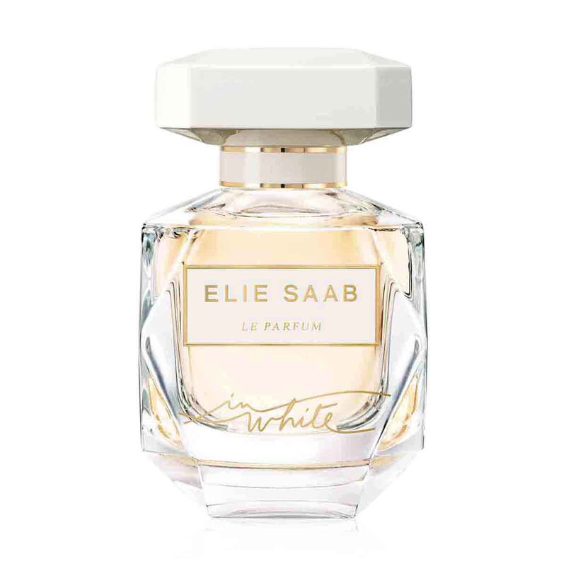 Elie Saab Le Parfum in White 90ml bottle with elegant white packaging and floral design, showcasing luxury fragrance.