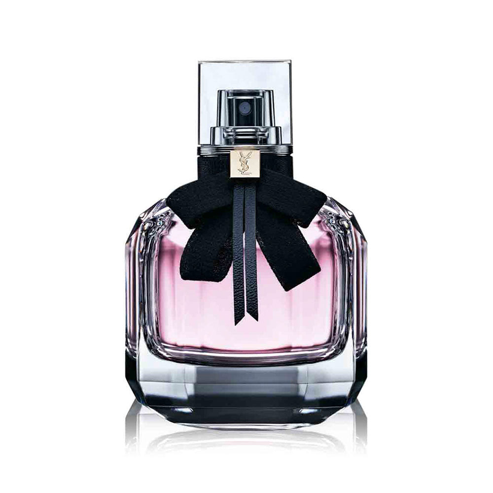 Yves Saint Laurent Mon Paris perfume bottle, 90ml with pink and black floral design, on a white background.