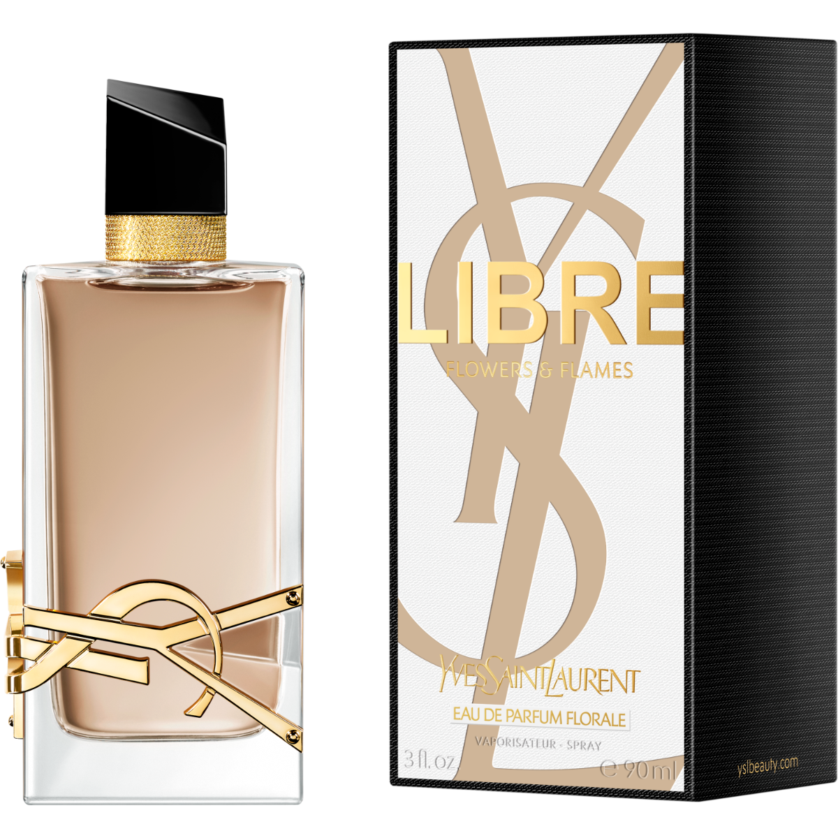 Yves Saint Laurent Libre Flowers and Flames 90ml perfume bottle with floral and fiery design in the image.
