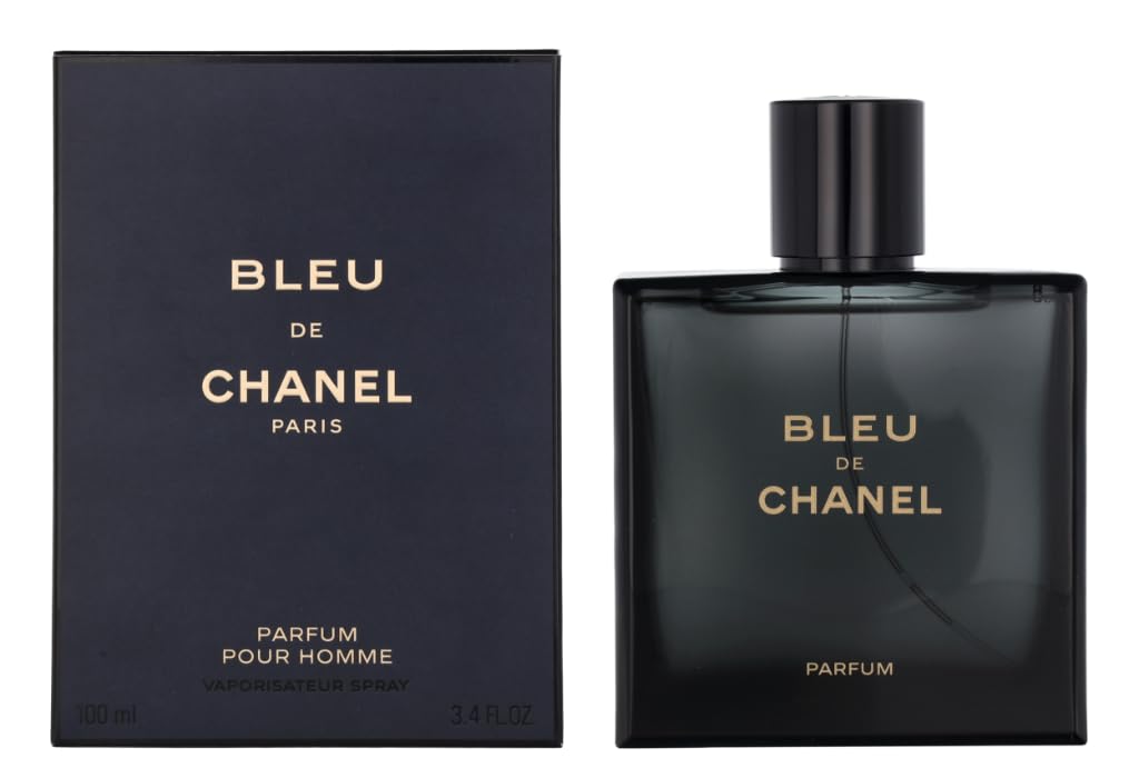 Chanel Bleu de Chanel Parfum 100ML bottle with sleek design and dark blue cap, displayed on a neutral background.