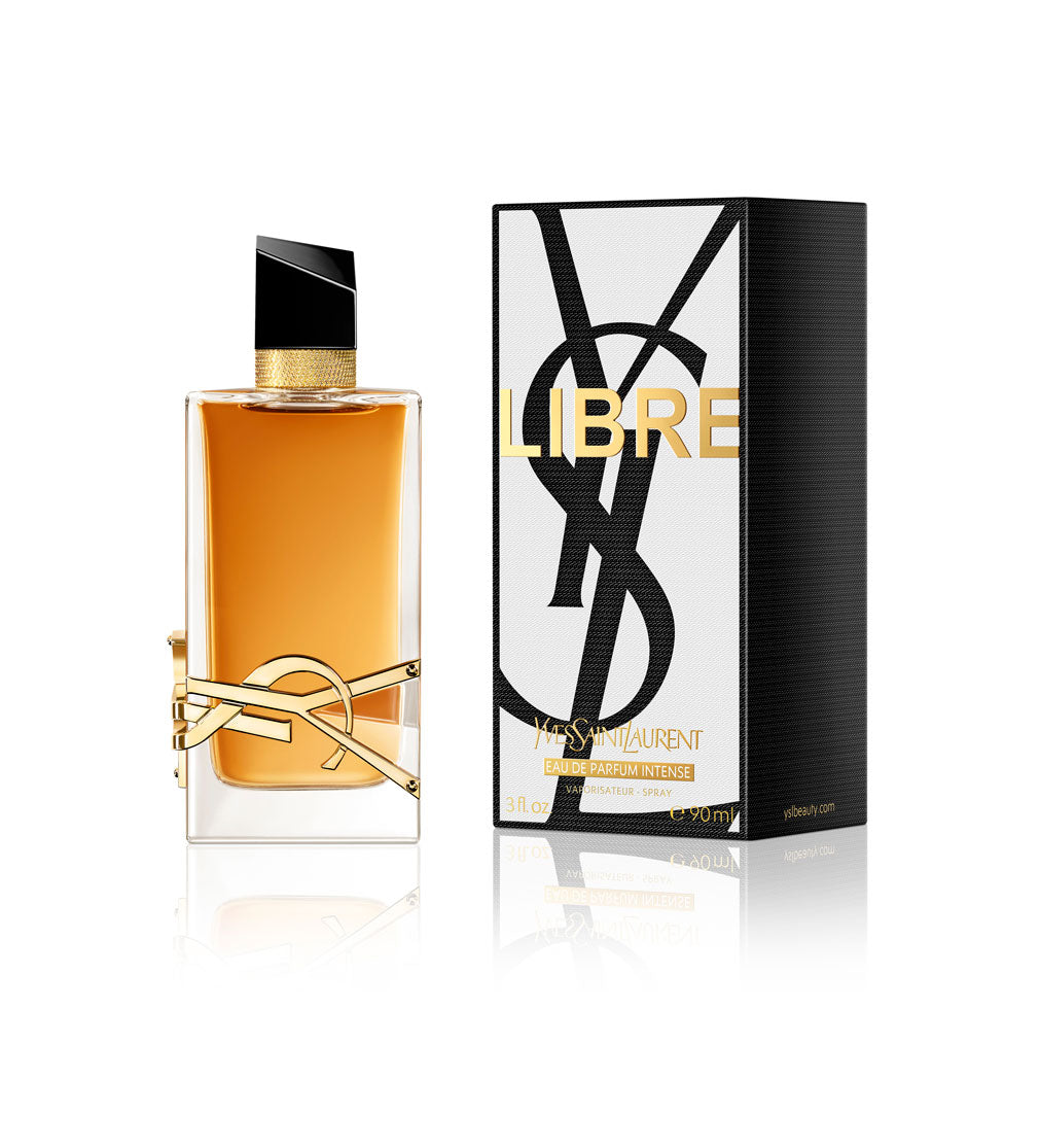 Yves Saint Laurent Libre Intense Eau de Parfum 90ml bottle with elegant black and gold design on a plain background