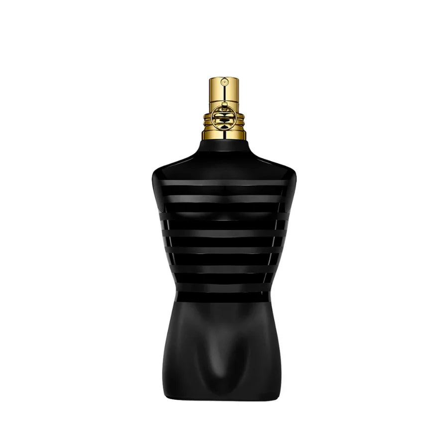 Jean Paul Gaultier Le Male Le Parfum 125ml bottle with sleek black design and silver accents, displayed upright.