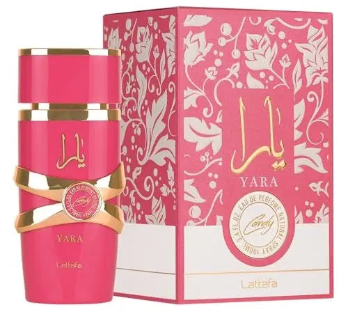 Lattafa Yara Candy 100ml perfume bottle with colorful packaging and floral design, showcasing the fragrance's elegant presentation.