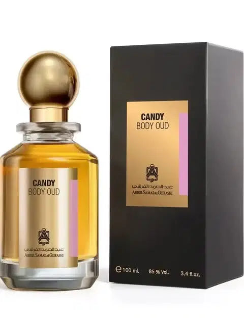 Abdul Samad Al Qurashi Body Oud Candy perfume 100 ml bottle with gold accents and elegant packaging.