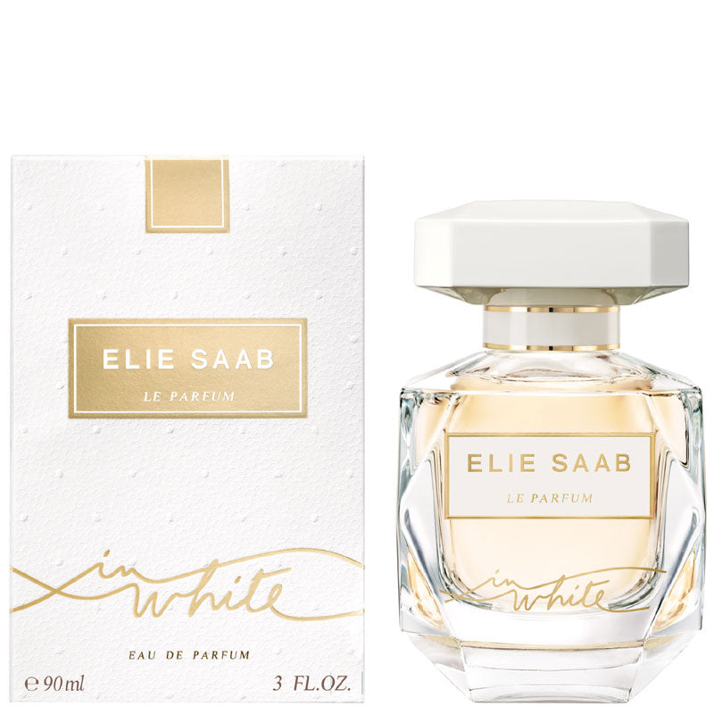 Elie Saab Le Parfum in White 90ml bottle, elegant perfume with floral and woody notes, displayed on a neutral background.