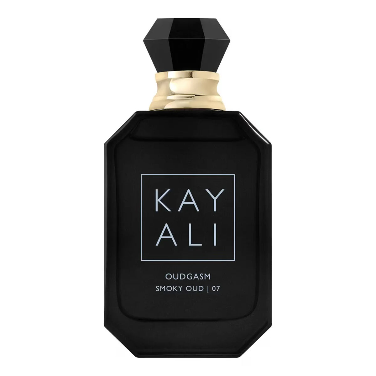 Kayali Oudgasm Smoky Oud perfume bottle, 100ml, with elegant packaging and dark amber liquid visible inside.