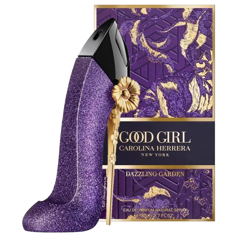 Carolina Herrera Good Girl Dazzling Garden perfume bottle with floral design and elegant gold accents.