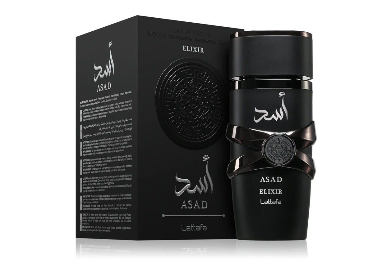 Lattafa Asad Elixir 100ML perfume bottle with a sleek design and elegant packaging, showcasing a luxurious fragrance.