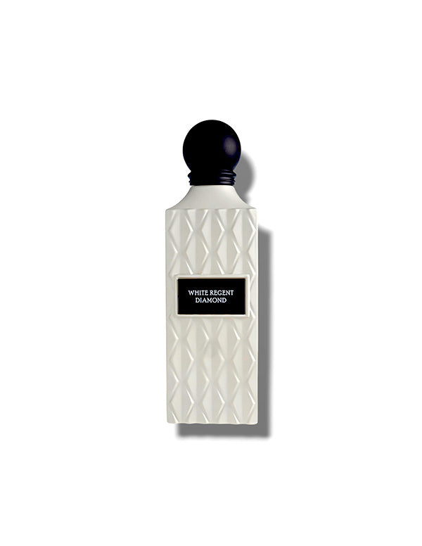 White Regent Diamond perfume bottle by Ibrahim Al Qurashi, featuring a sleek white design in a 200ml size.