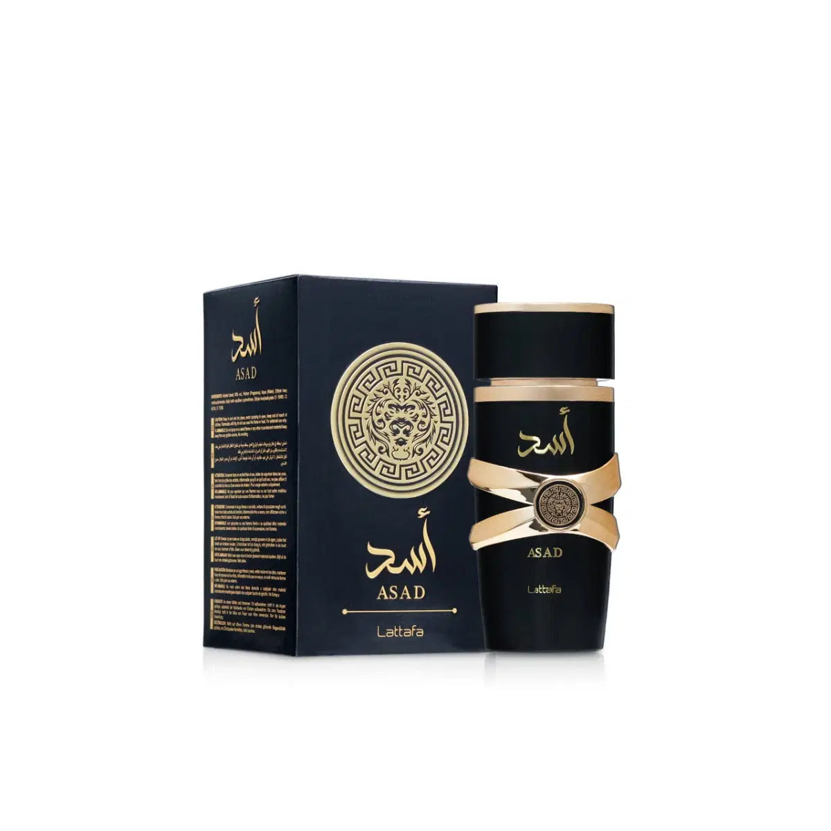 Lattafa Asad 100ml perfume bottle with sleek design and gold accents, showcasing a luxurious fragrance container.