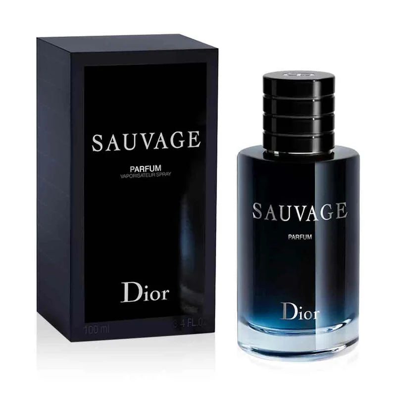 Dior Sauvage 100ml parfum bottle with sleek design and silver cap, displayed on a neutral background.