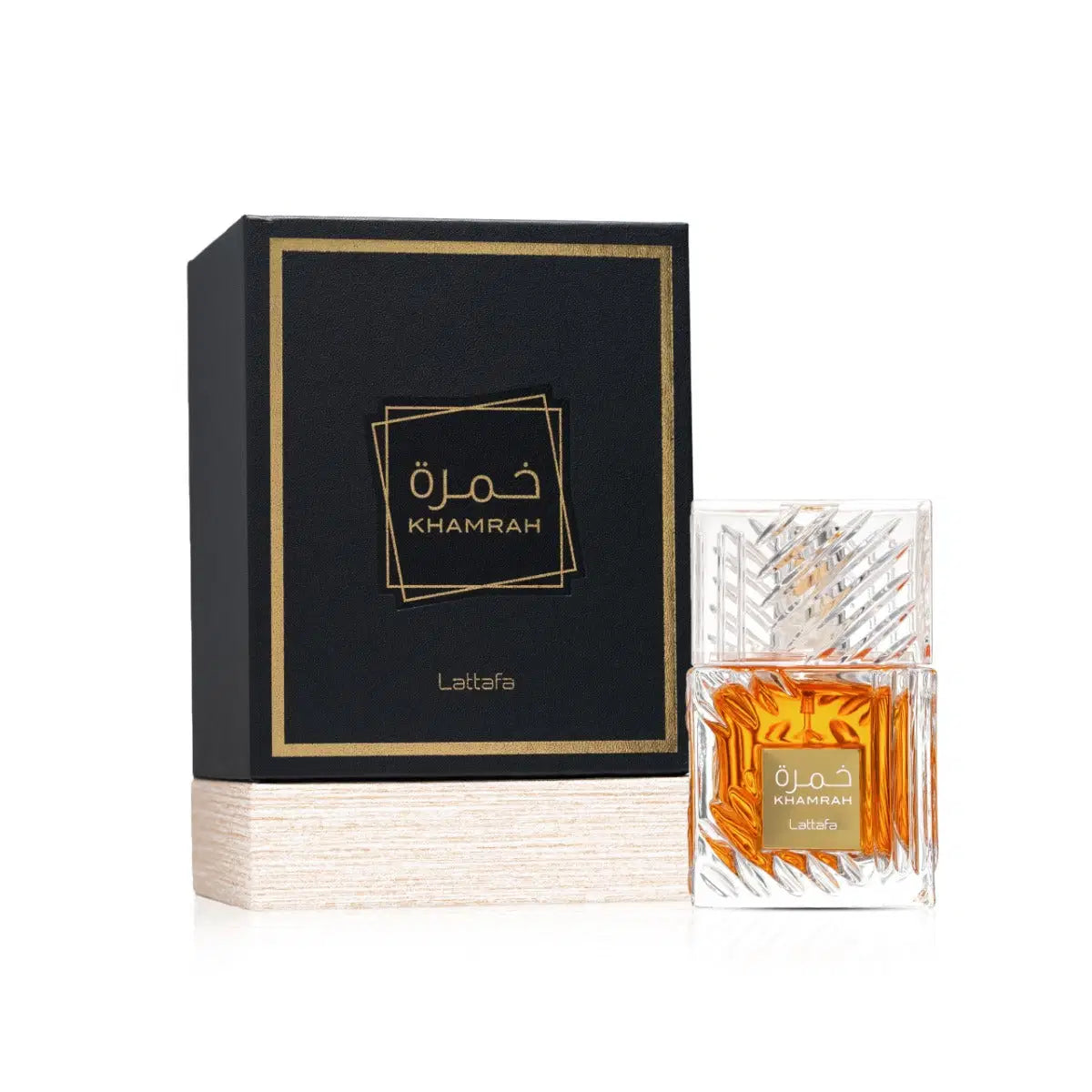 Lattafa Khamrah 100 ML perfume bottle with elegant design, showcasing the Arabic-inspired fragrance container.
