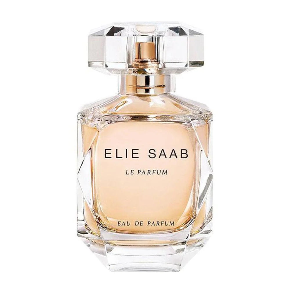 Elie Saab Le Parfum EDP 90ml perfume bottle with elegant gold and floral design, showcasing the luxurious fragrance.