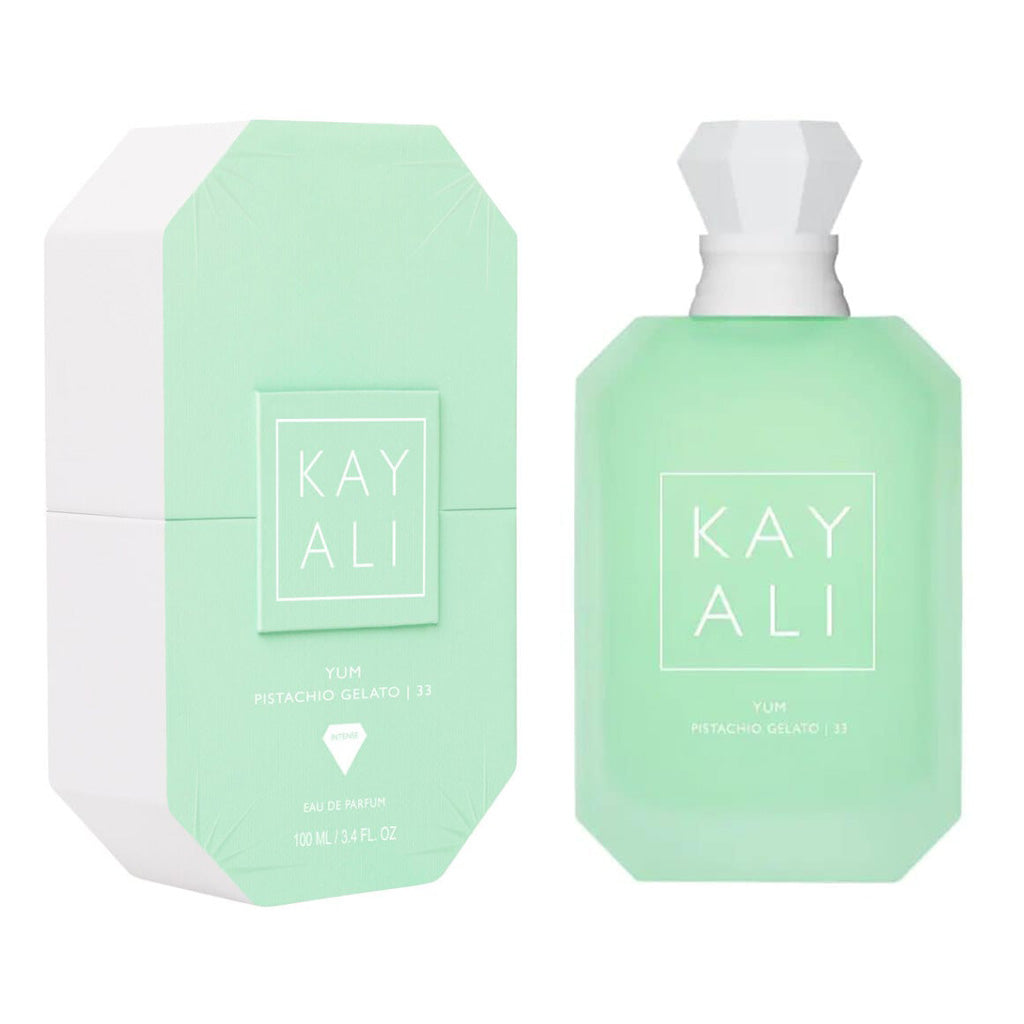 Kayali Yum Pistachio Gelato 100ml fragrance with a sleek glass bottle and pistachio-themed packaging design.