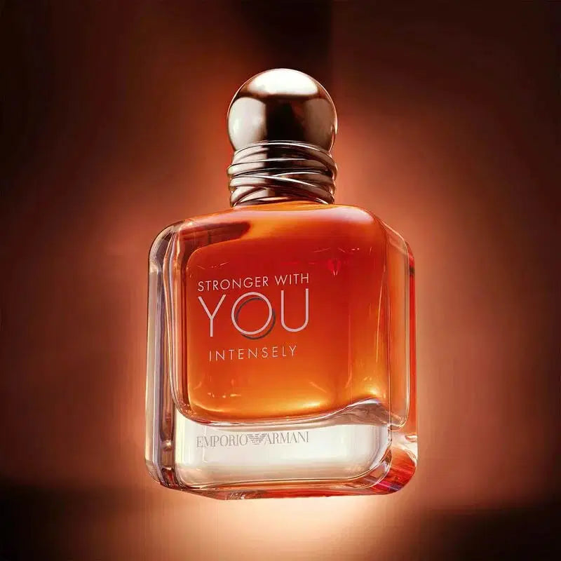 Giorgio Armani Stronger With You Intensely Eau de Parfum 100ml bottle with a sleek, dark glass design.