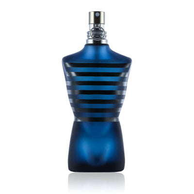 Jean Paul Gaultier Ultra Male 125ML perfume bottle with sleek design and dark accents on a neutral background.