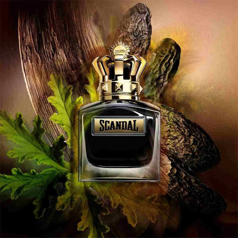 Jean Paul Gaultier Scandal Pour Homme perfume bottle with ornate gold and black design, 100ML, showcasing the elegant packaging.