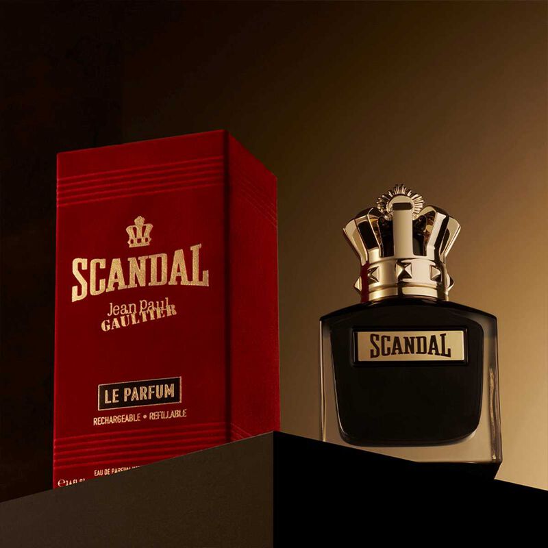 Jean Paul Gaultier Scandal Pour Homme perfume bottle, 100ml, with ornate gold and black design and fragrance spray nozzle.