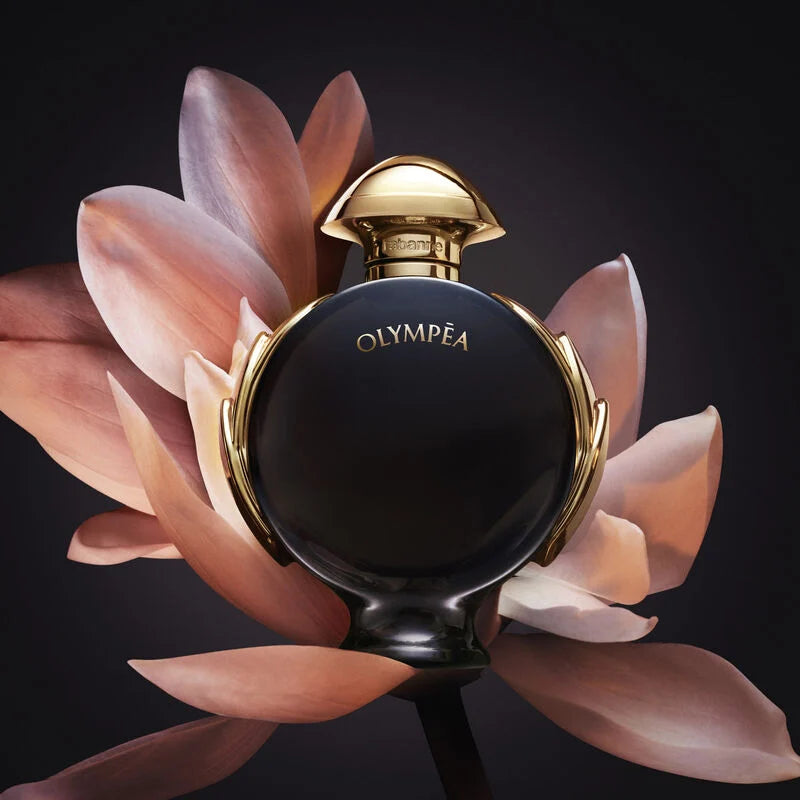 Rabanne Olympéa Parfum bottle, 80ML, with elegant design and floral accents, displayed on a neutral background.