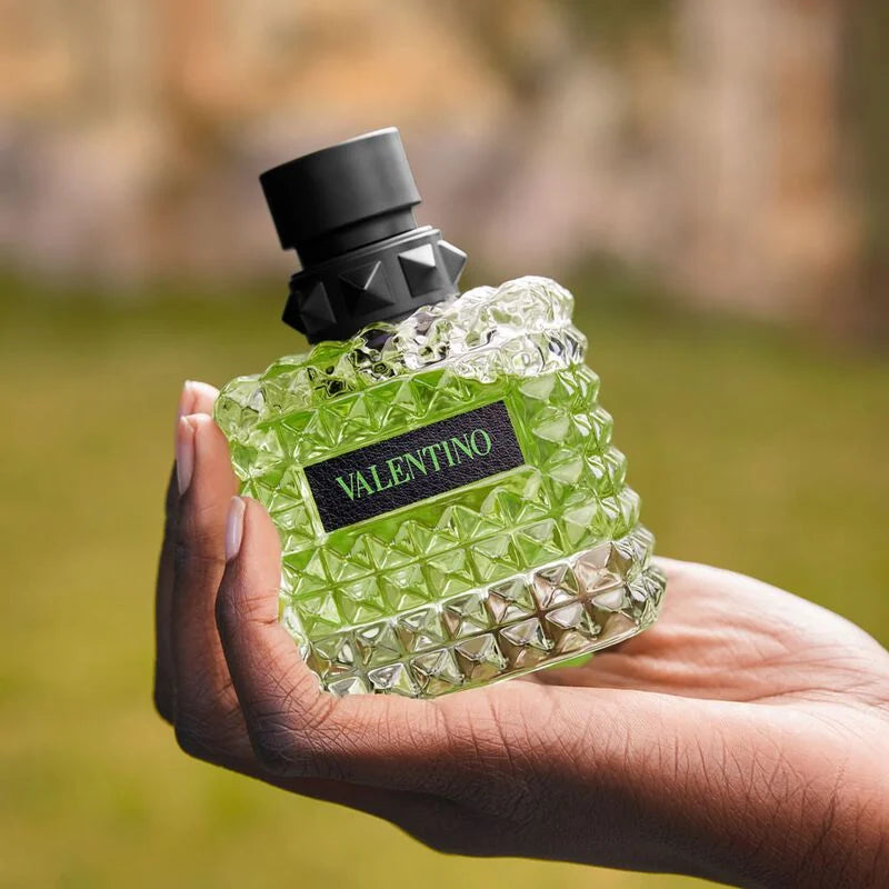 Valentino Donna Born in Roma Green Stravaganza perfume bottle with green accents and elegant design, 100ml size.
