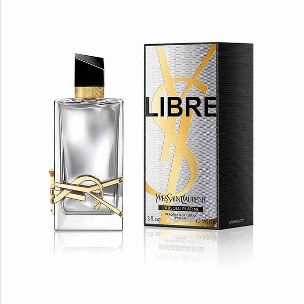 Yves Saint Laurent Libre L'Absolu Platine perfume bottle, 90ml, with elegant clear glass and silver accents.