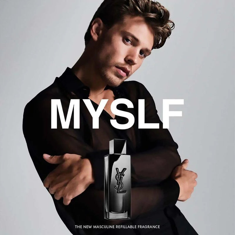 Yves Saint Laurent MYSLF Eau de Parfum 100ML bottle with sleek black and silver design on a white background.