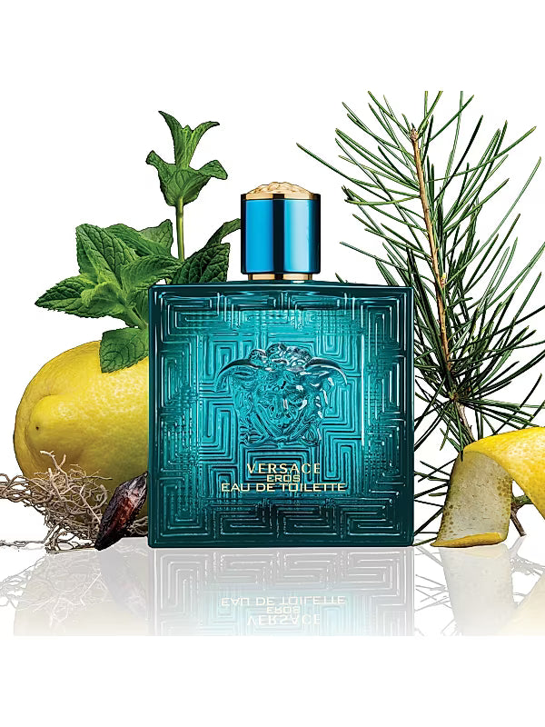 Versace Eros 100ML Eau de Parfum bottle with sleek design and silver cap, displayed on a neutral background.