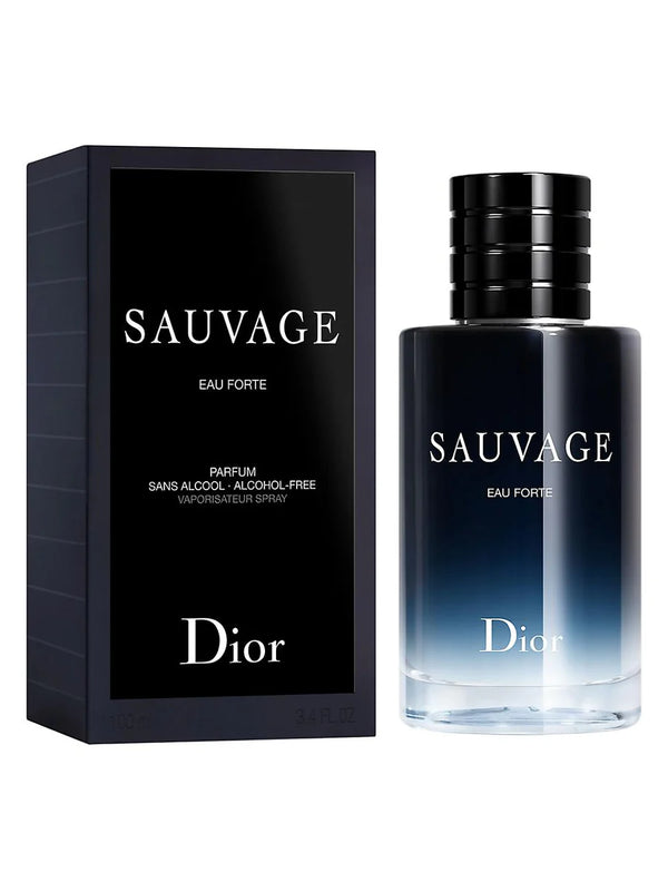 Dior Sauvage Eau Forte 100ml bottle with sleek design and clear fragrance label, set against a neutral background.
