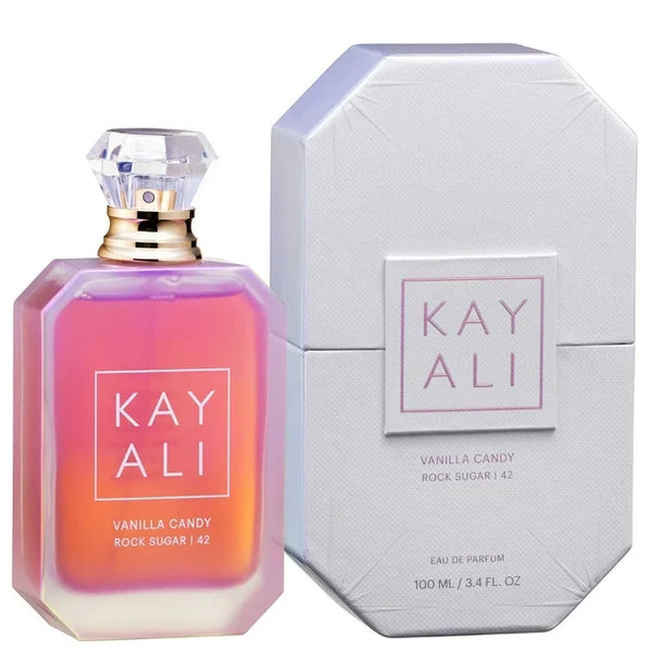 Vanilla Candy Rock Sugar fragrance bottle by Kayali with 100ml capacity, featuring a sleek design and elegant label.