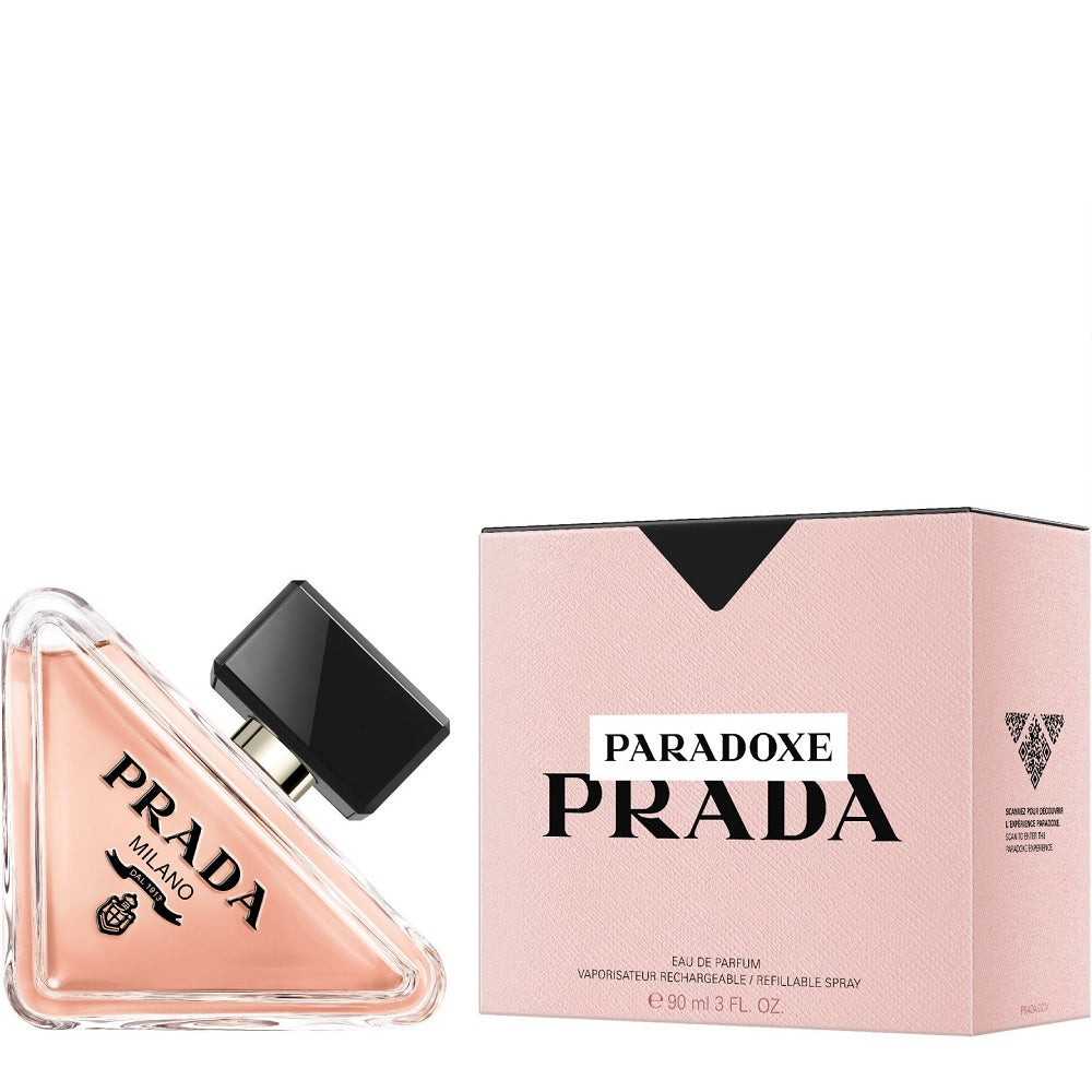 Prada Paradoxe 90ml perfume bottle with sleek design and silver cap, displayed against a neutral background.