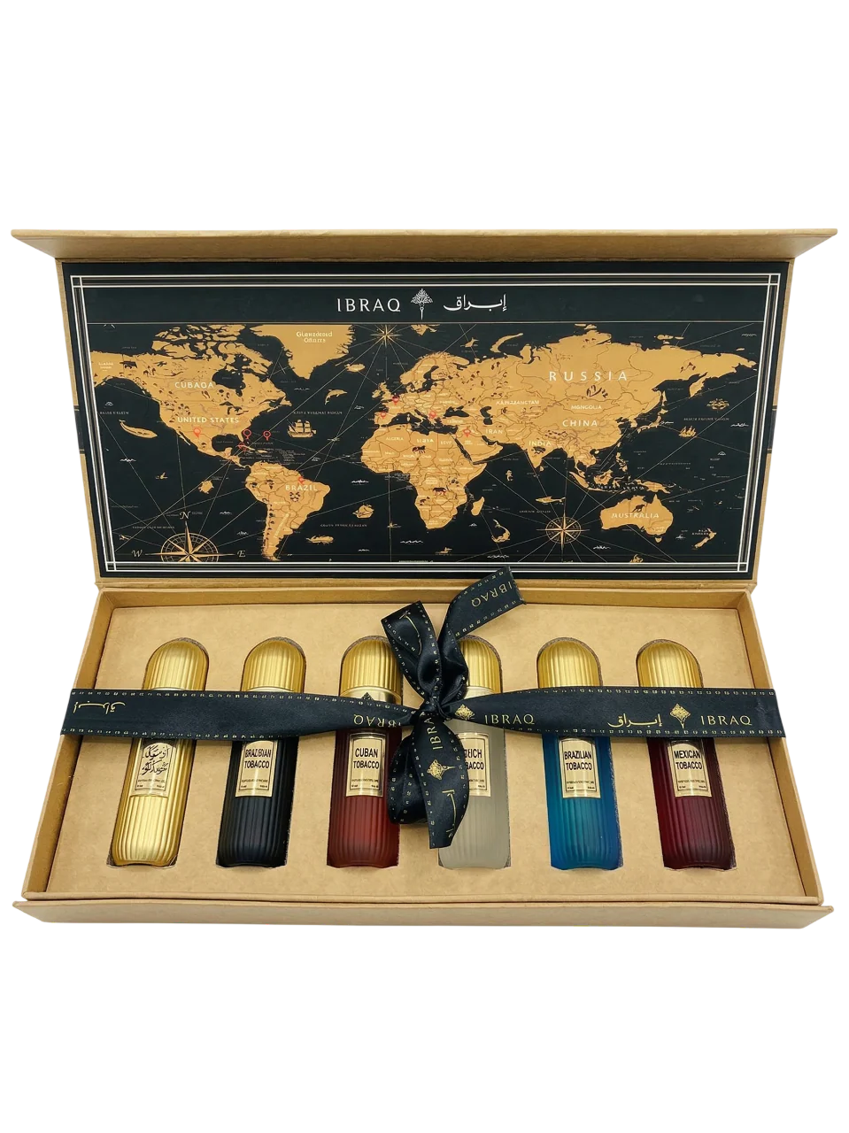 Set of six Tobacco Perfume bottles by Ibrahim Al Qurashi, each 30ml, featuring elegant glass bottles in a luxurious collection.