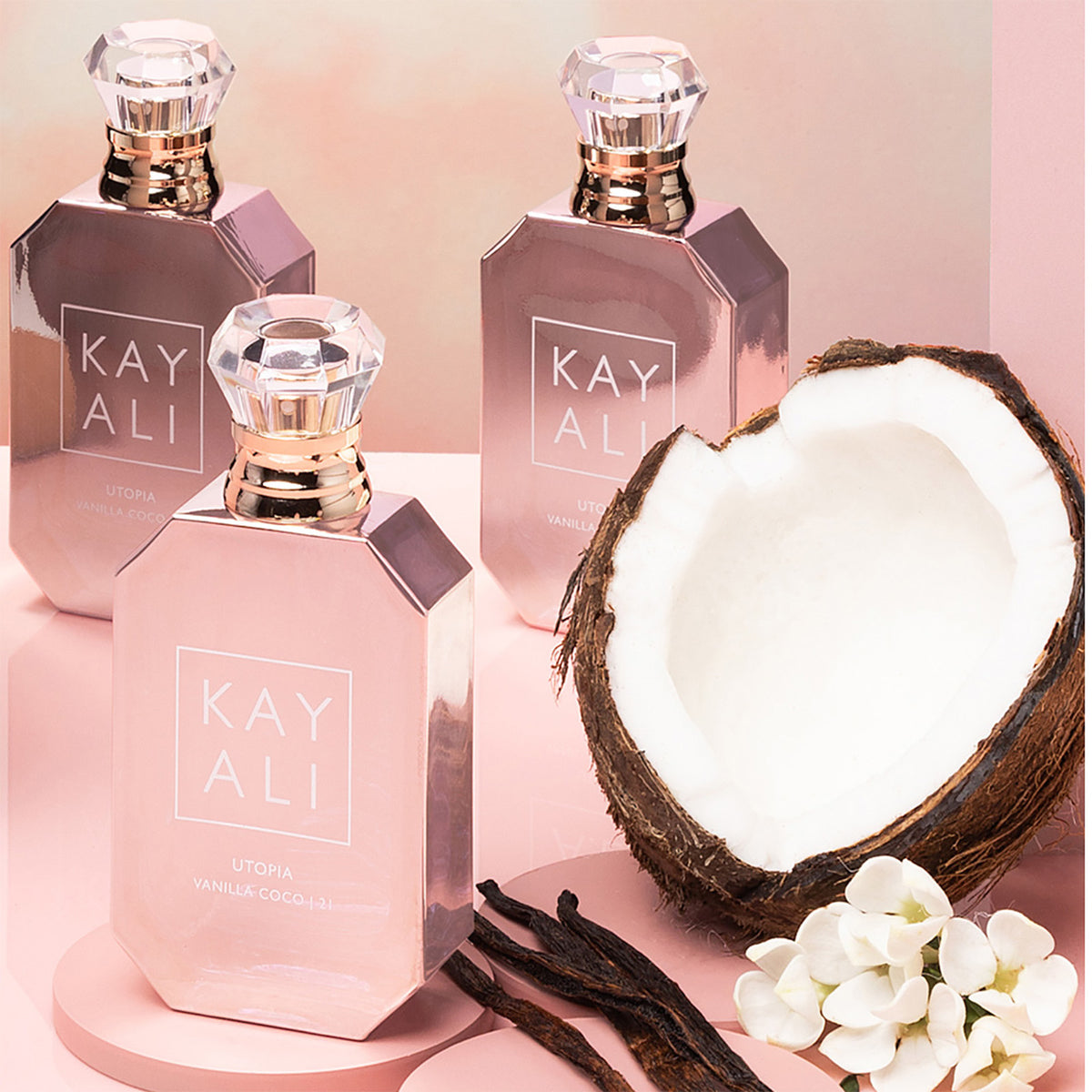 Utopia Vanilla Coco 21 Kayali fragrance bottle with floral and vanilla notes, 100ml size, elegant packaging.
