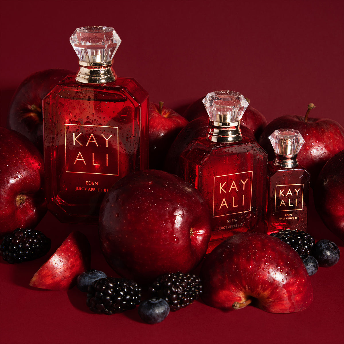 Eden Juicy Apple 01 Eau De Parfum by Kayali, 100ml bottle with sleek design and apple-themed fragrance packaging.