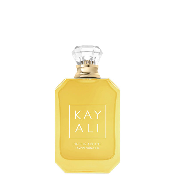Kayali Capri in a Bottle Lemon Sugar 14 Eau de Parfum 100ml bottle with bright yellow lemon and citrus design.