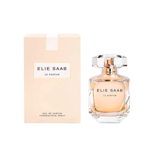 Elie Saab Le Parfum 90ml perfume bottle with elegant floral design and gold accents on a white background.