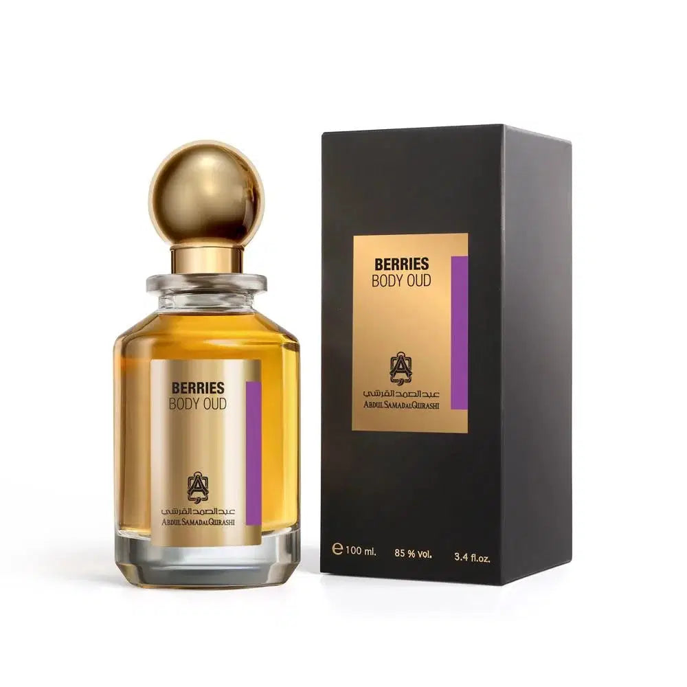 Abdul Samad Al Qurashi Berries Body Oud Spray 100 ML bottle with floral and berry design on a white background.