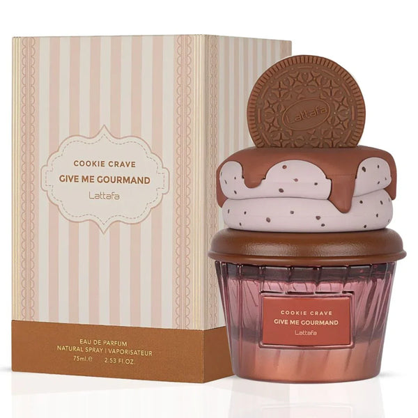 Lattafa Cookie Crave perfume bottle, 75ML, with a sleek design and amber-colored liquid inside.