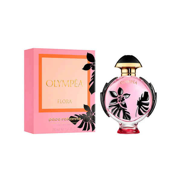Rabanne Olympéa Flora Eau de Parfum 80ML bottle with floral design and elegant packaging, showcasing the luxurious fragrance.
