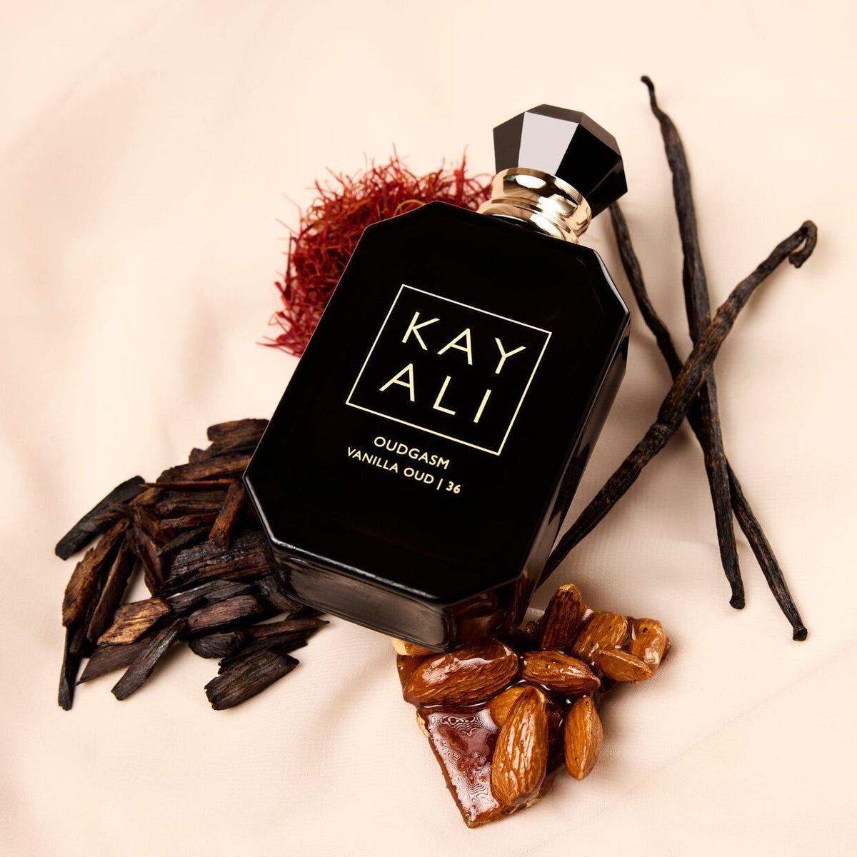 Kayali Oudgasm Vanilla Oud 36 Eau de Parfum Intense bottle with elegant packaging, showcasing rich vanilla and oud notes.