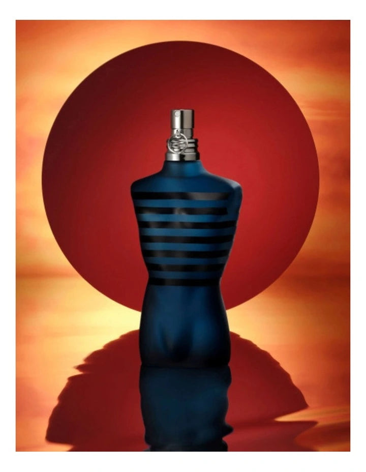 Jean Paul Gaultier Ultra Male 125ML perfume bottle with sleek, dark design and silver accents on a neutral background.