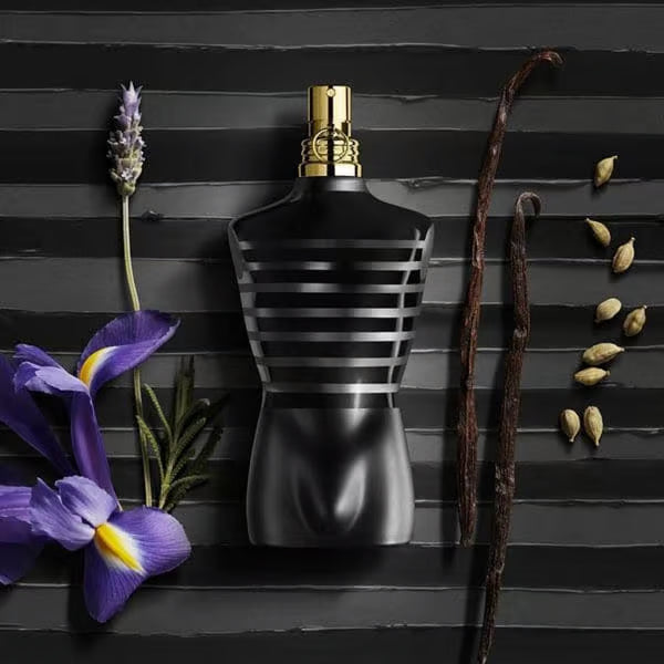 Jean Paul Gaultier Le Male Le Parfum 125ml bottle with sleek black and gold design, elegant and modern fragrance packaging.