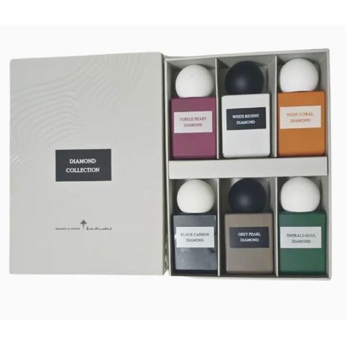 Ibrahim Al Qurashi Diamond Collection mini set with six 10ml perfume bottles displayed in a sleek box.