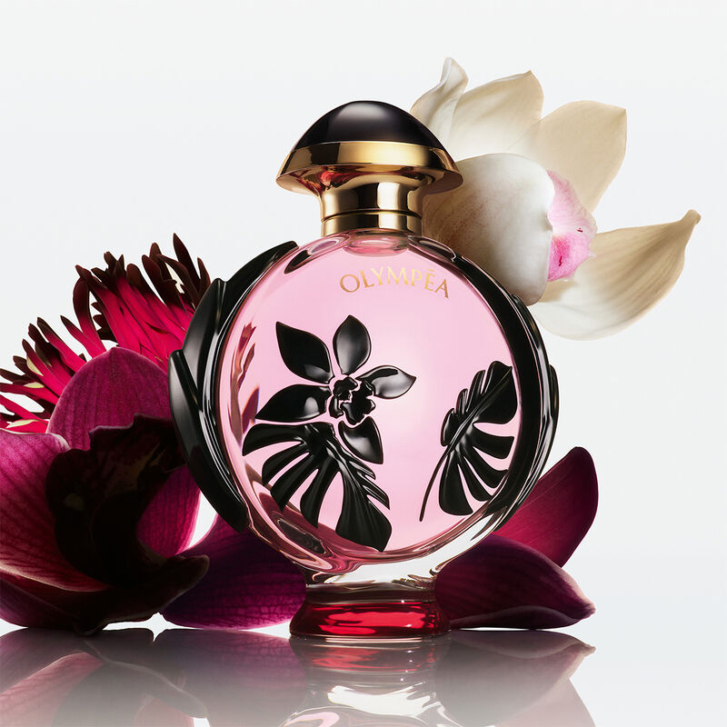 Rabanne Olympéa Flora perfume bottle in 80ML with elegant floral design and silver accents, showcasing the luxurious fragrance.