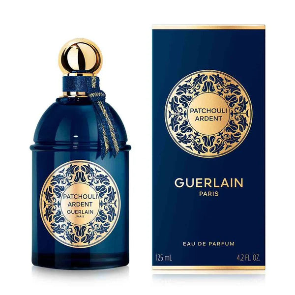 Guerlain Les Absolus d'Orient Patchouli Ardent perfume bottle, 125ml, with elegant packaging and floral design details.