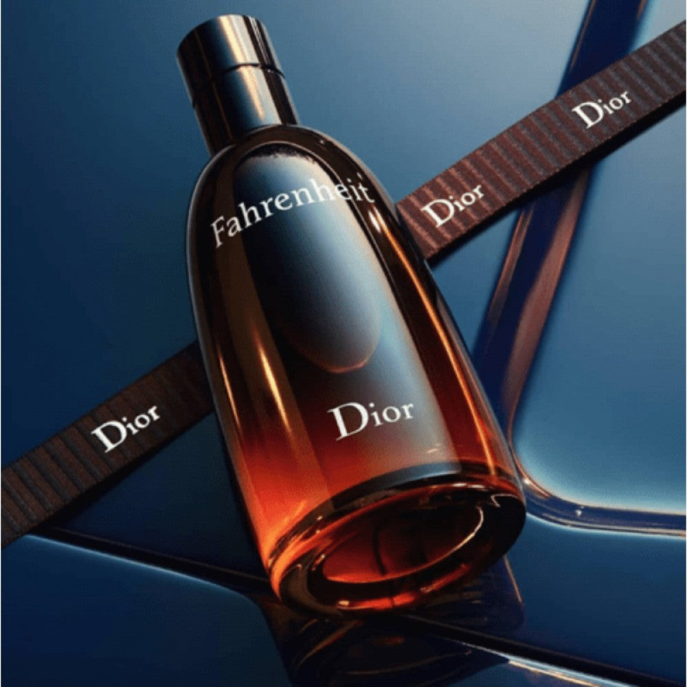Dior Fahrenheit Eau De Toilette 100ml bottle with classic rectangular design and silver cap, placed on a neutral background.