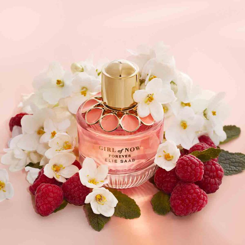 Elie Saab Girl of Now Forever perfume bottle, 90ml, elegant design with a pink and gold color scheme.
